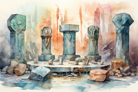 Mystic rune carvers, etching ancient symbols into stones with magical precision - Generative AIの素材