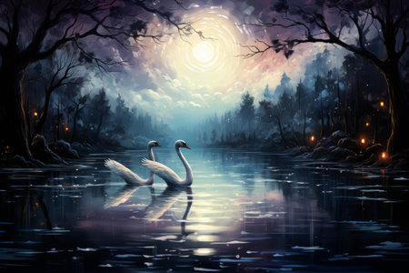 Graceful moonlit swans, gliding across shimmering lakes with elegance and poise - Generative AIの素材