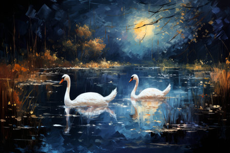 Graceful moonlit swans, gliding across shimmering lakes with elegance and poise - Generative AIの素材