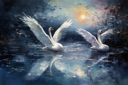 Graceful moonlit swans, gliding across shimmering lakes with elegance and poise - Generative AIの素材