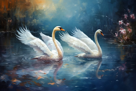 Graceful moonlit swans, gliding across shimmering lakes with elegance and poise - Generative AIの素材