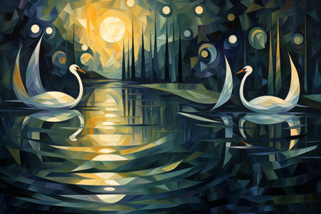 Graceful moonlit swans, gliding across shimmering lakes with elegance and poise - Generative AIの素材
