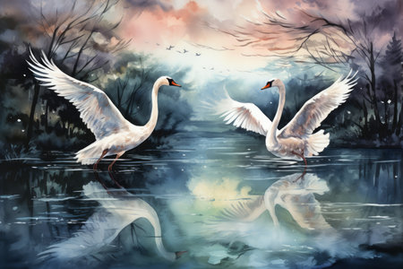 Graceful moonlit swans, gliding across shimmering lakes with elegance and poise - Generative AIの素材