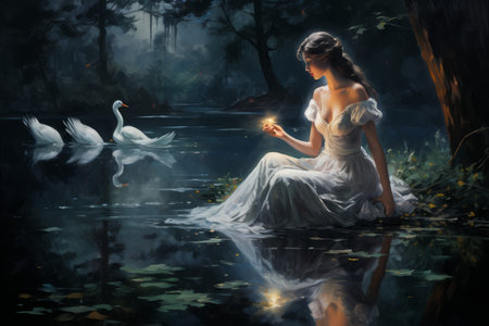 Graceful moonlit swans, gliding across shimmering lakes with elegance and poise - Generative AIの素材