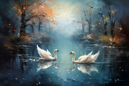 Graceful moonlit swans, gliding across shimmering lakes with elegance and poise - Generative AIの素材