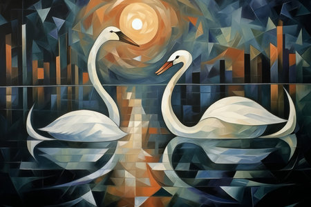 Graceful moonlit swans, gliding across shimmering lakes with elegance and poise - Generative AIの素材