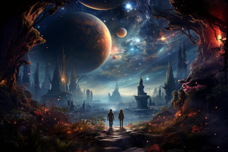 Curious celestial travelers, journeying between galaxies and discovering hidden wonders - Generative AIの素材