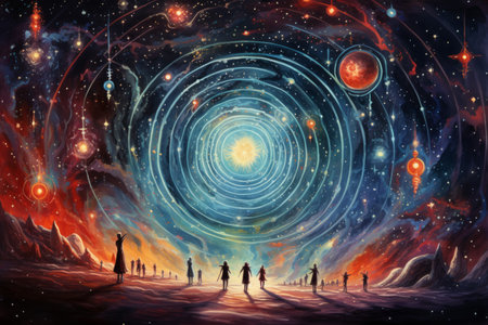 Curious celestial travelers, journeying between galaxies and discovering hidden wonders - Generative AIの素材