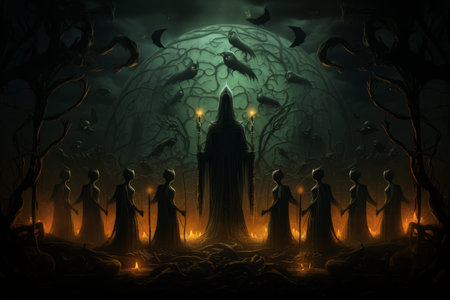 Mystic shadow weavers, creating intricate patterns of light and darkness - Generative AIの素材