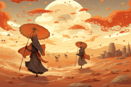 Whirling sandstorm nomads, wandering the desert in search of lost treasures - Generative AIの素材