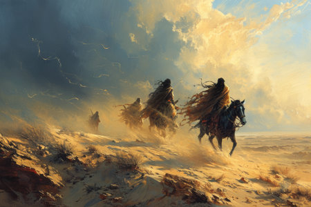 Whirling sandstorm nomads, wandering the desert in search of lost treasures - Generative AIの素材