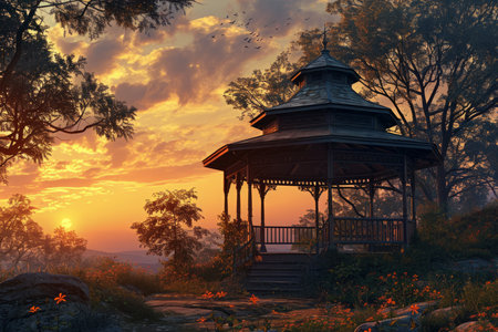 Serene twilight gazebos, offering peaceful refuge in the hour between day and night - Generative AIの素材