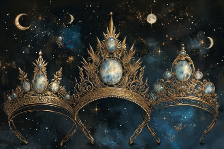 Ornate moonstone tiaras, bestowing lunar blessings and wisdom upon their wearers - Generative AIの素材
