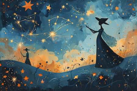 Whimsical stardust collectors, gathering celestial fragments to sprinkle across the sky - Generative AIの素材