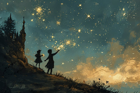 Whimsical stardust collectors, gathering celestial fragments to sprinkle across the sky - Generative AIの素材