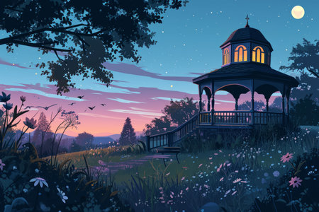 Serene twilight gazebos, offering peaceful refuge in the hour between day and night - Generative AIの素材