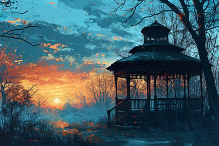 Serene twilight gazebos, offering peaceful refuge in the hour between day and night - Generative AIの素材