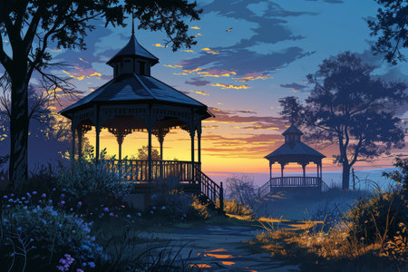 Serene twilight gazebos, offering peaceful refuge in the hour between day and night - Generative AIの素材