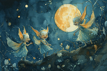 Playful moonlit sprites, tickling the night with their mischievous laughter - Generative AIの素材