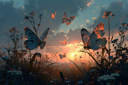 Ethereal twilight butterflies, their wings shimmering with the colors of dusk and dawn - Generative AIの素材