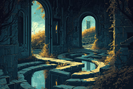 Cursed mirror labyrinths, reflecting distorted versions of reality and challenging perception - Generative AIの素材