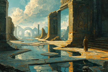Cursed mirror labyrinths, reflecting distorted versions of reality and challenging perception - Generative AIの素材