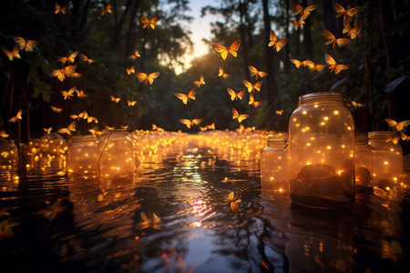 Playful twilight fireflies, dancing in the fading light, casting a soft glow on the world - Generative AIの素材