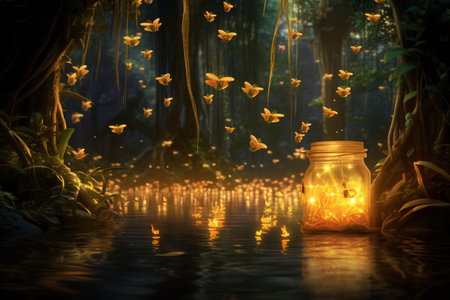 Playful twilight fireflies, dancing in the fading light, casting a soft glow on the world - Generative AIの素材