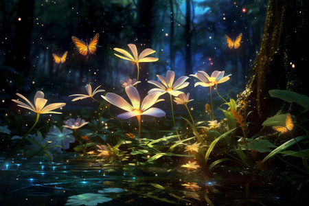 Playful twilight fireflies, dancing in the fading light, casting a soft glow on the world - Generative AIの素材