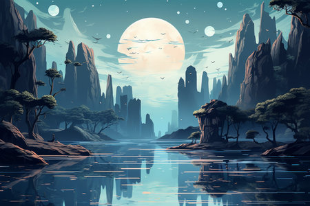 Serene moonlit waterfalls in Fantasy - Generative AIの素材