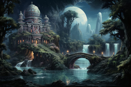 Serene moonlit waterfalls in Fantasy - Generative AIの素材