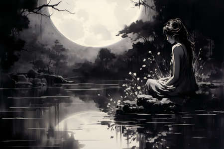 Tranquil moonlit gardens, blooming with exotic flowers and serenity under the moon's gentle gaze - Generative AIの素材