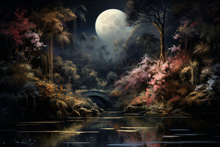 Tranquil moonlit gardens, blooming with exotic flowers and serenity under the moon's gentle gaze - Generative AIの素材