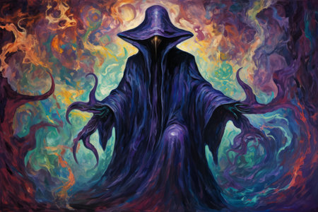 A brooding and mysterious warlock, bound to a powerful otherworldly patron and wielding eldritch powers. - Generative AIの素材