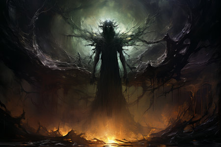A brooding and mysterious warlock, bound to a powerful otherworldly patron and wielding eldritch powers. - Generative AIの素材