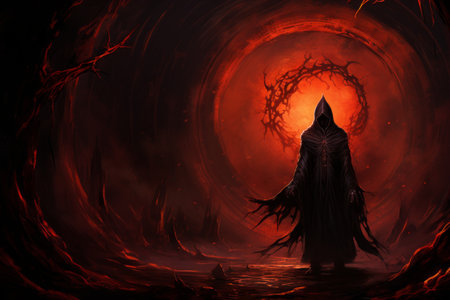 A brooding and mysterious warlock, bound to a powerful otherworldly patron and wielding eldritch powers. - Generative AIの素材
