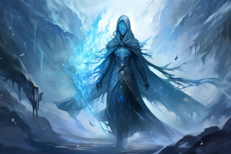 A frost mage, capable of freezing enemies in their tracks and summoning blizzards of icy destruction. - Generative AIの素材
