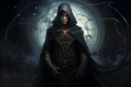 A brooding and mysterious warlock, bound to a powerful otherworldly patron and wielding eldritch powers. - Generative AIの素材