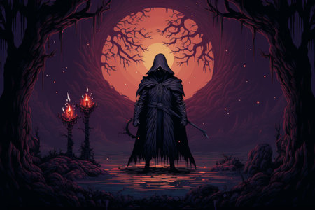 A brooding and mysterious warlock, bound to a powerful otherworldly patron and wielding eldritch powers. - Generative AIの素材