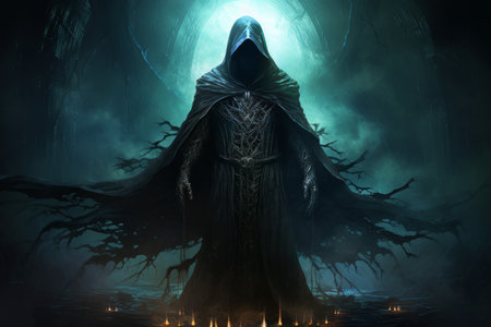 A brooding and mysterious warlock, bound to a powerful otherworldly patron and wielding eldritch powers. - Generative AIの素材