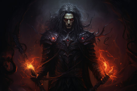 A brooding and mysterious warlock, bound to a powerful otherworldly patron and wielding eldritch powers. - Generative AIの素材