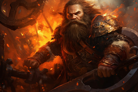 A battle-hardened dwarf warrior, renowned for skill with a warhammer and unyielding determination. - Generative AIの素材
