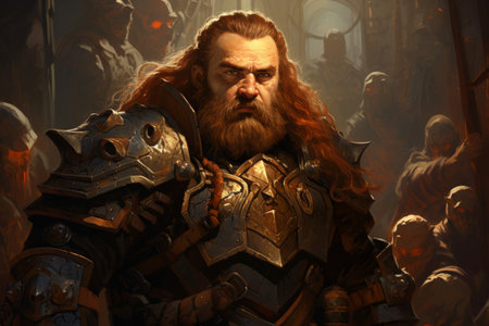 A battle-hardened dwarf warrior, renowned for skill with a warhammer and unyielding determination. - Generative AIの素材