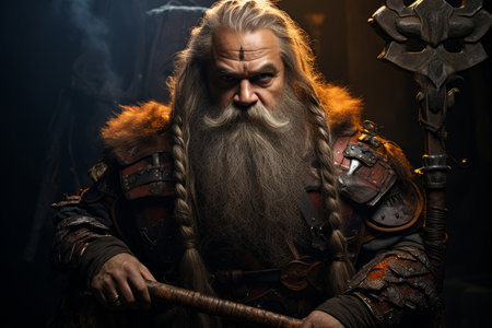 A battle-hardened dwarf warrior, renowned for skill with a warhammer and unyielding determination. - Generative AIの素材