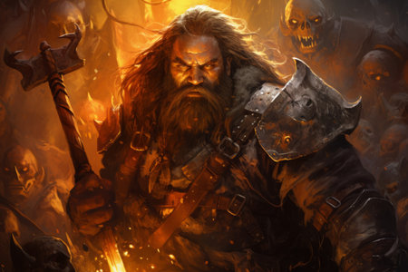 A battle-hardened dwarf warrior, renowned for skill with a warhammer and unyielding determination. - Generative AIの素材