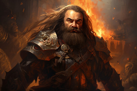 A battle-hardened dwarf warrior, renowned for skill with a warhammer and unyielding determination. - Generative AIの素材