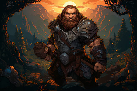 A battle-hardened dwarf warrior, renowned for skill with a warhammer and unyielding determination. - Generative AIの素材