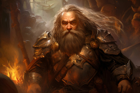 A battle-hardened dwarf warrior, renowned for skill with a warhammer and unyielding determination. - Generative AIの素材