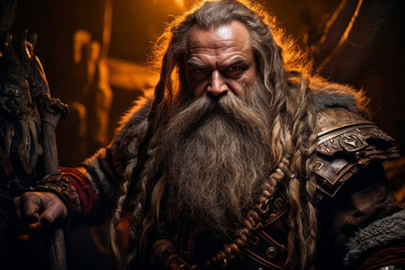 A battle-hardened dwarf warrior, renowned for skill with a warhammer and unyielding determination. - Generative AIの素材