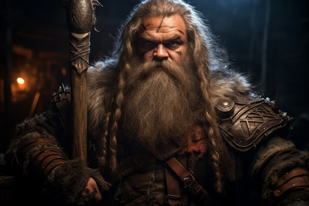 A battle-hardened dwarf warrior, renowned for skill with a warhammer and unyielding determination. - Generative AIの素材